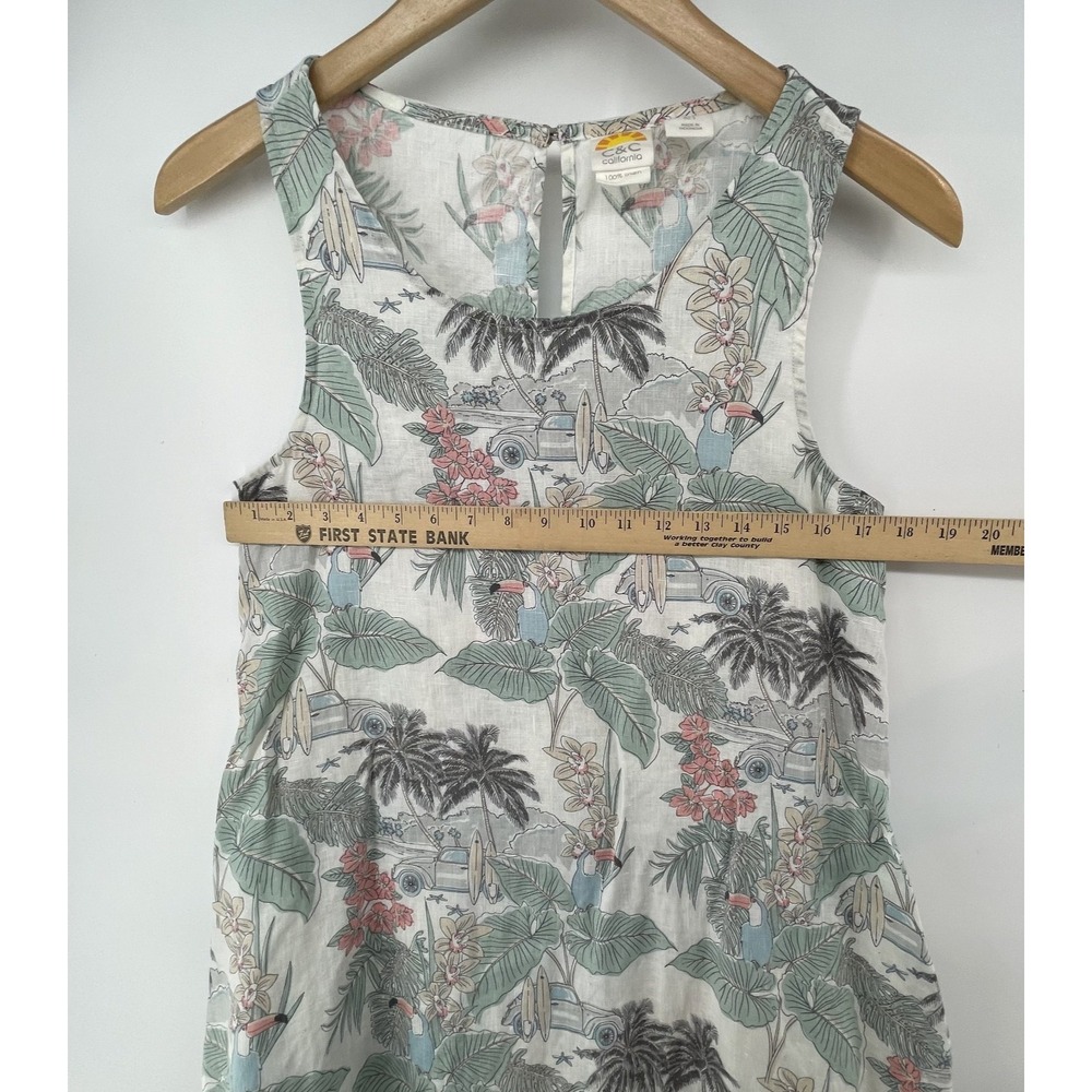 C&C California Dress Size S Linen Tropical Print Sleeveless Shift Pockets Beach - Picture 6 of 7